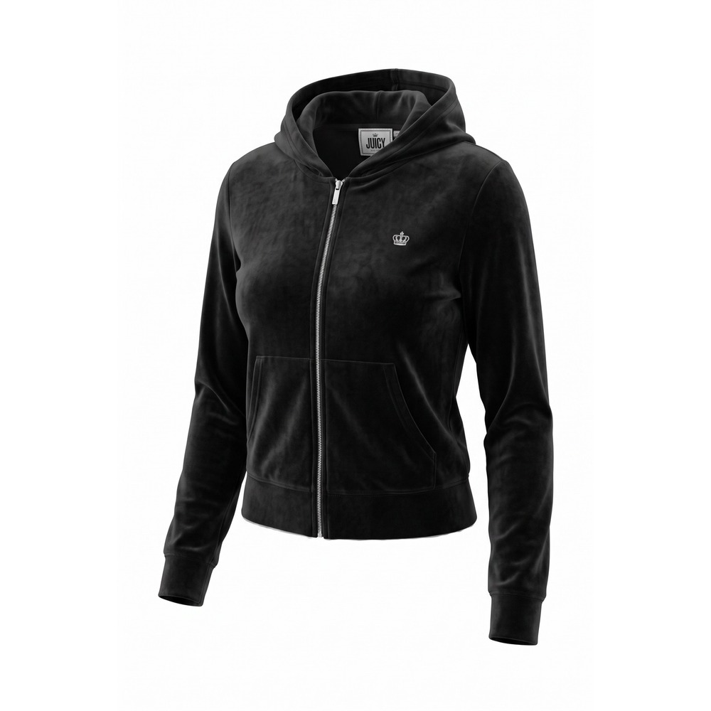 Juicy by Juicy Couture Black Velour Zip Up Hoodie Crown Logo Y2K Sweatshirt L